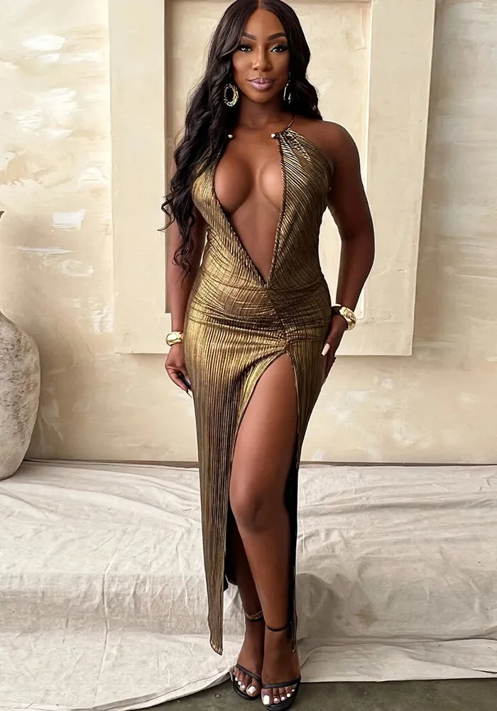 Glamorous Metallic Deep V-Neck High-Slit Sleeveless Party Gown
