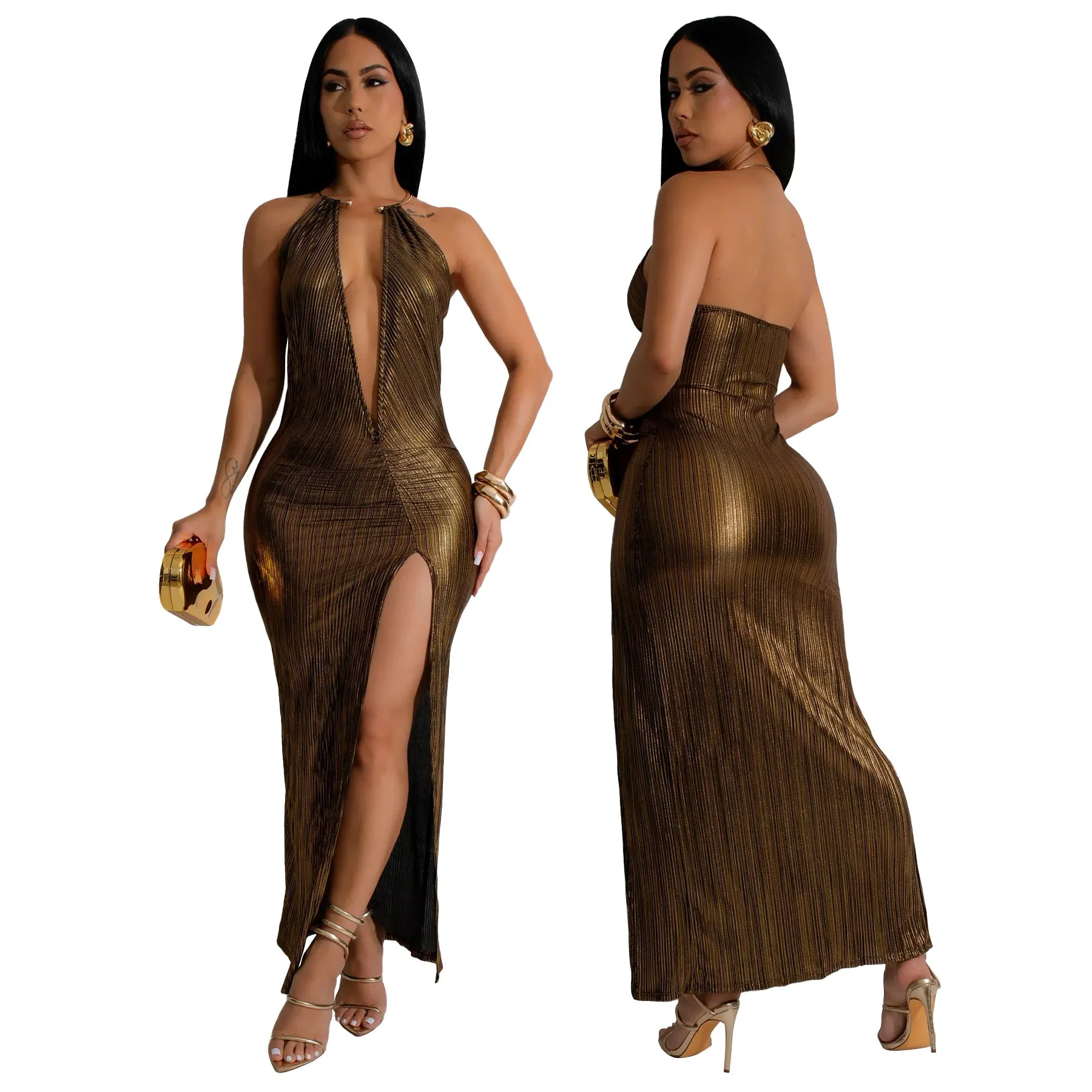 Glamorous Metallic Deep V-Neck High-Slit Sleeveless Party Gown