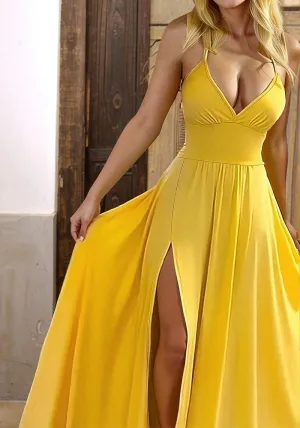 Glamorous Suspender Maxi Dress with Flowy Slit Design