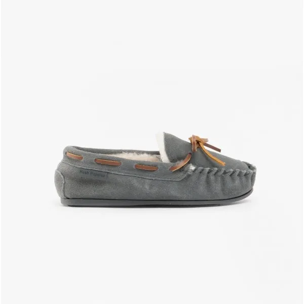 Hush Puppies ADDISON Kids Suede Moccasin Slippers Grey