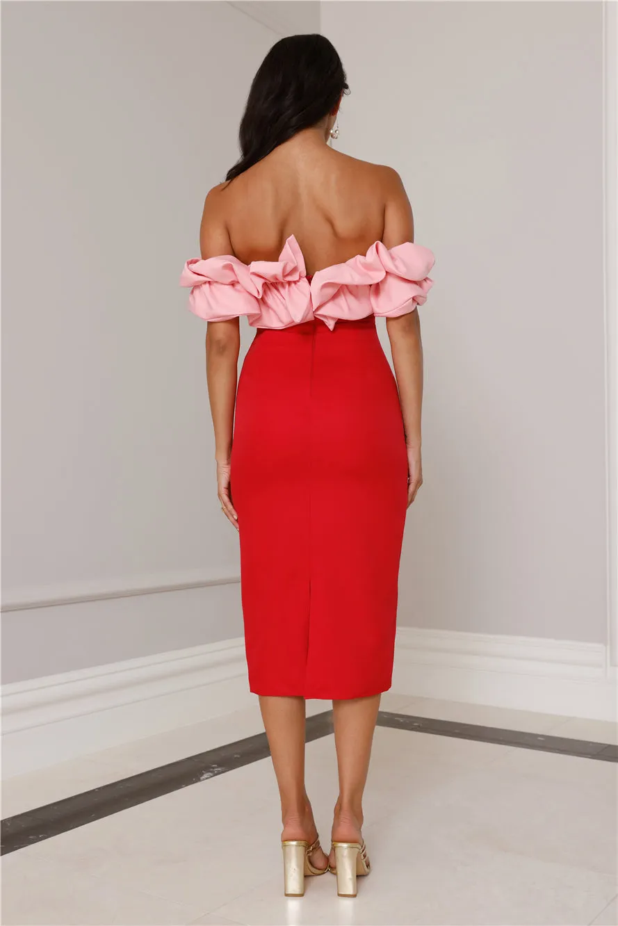 Kinsey Off Shoulder Frill Midi Dress Red