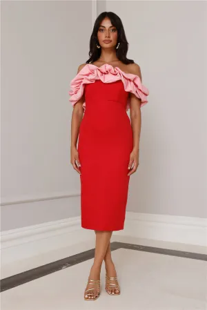 Kinsey Off Shoulder Frill Midi Dress Red