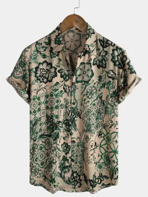 Men's Floral Print Vintage Holiday Breathable Hawaiian Botton Short Sleeve Shirt