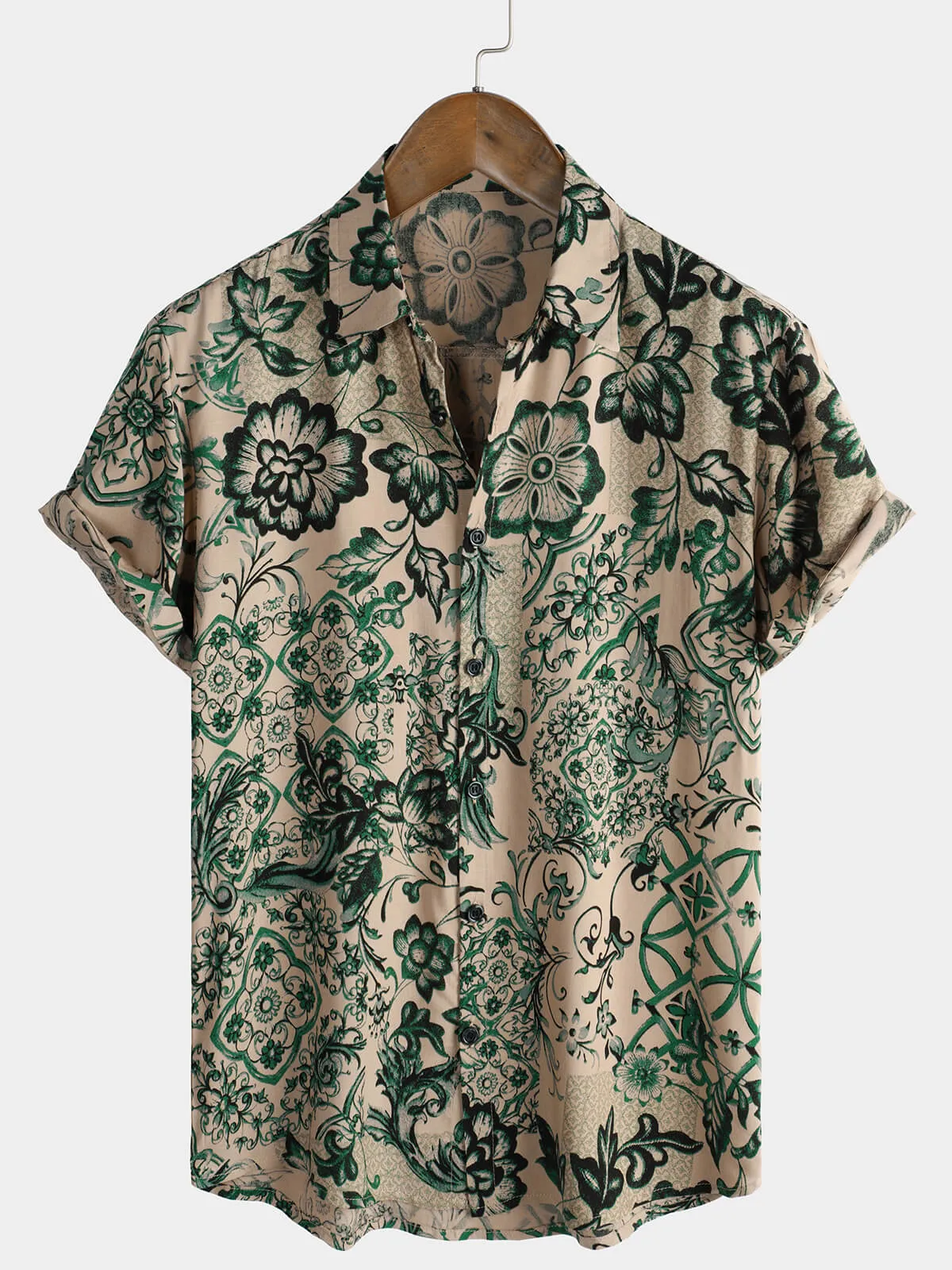 Men's Floral Print Vintage Holiday Breathable Hawaiian Botton Short Sleeve Shirt