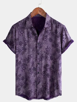 Men's Purple Vintage Holiday Breathable Hawaiian Botton Short Sleeve Shirt