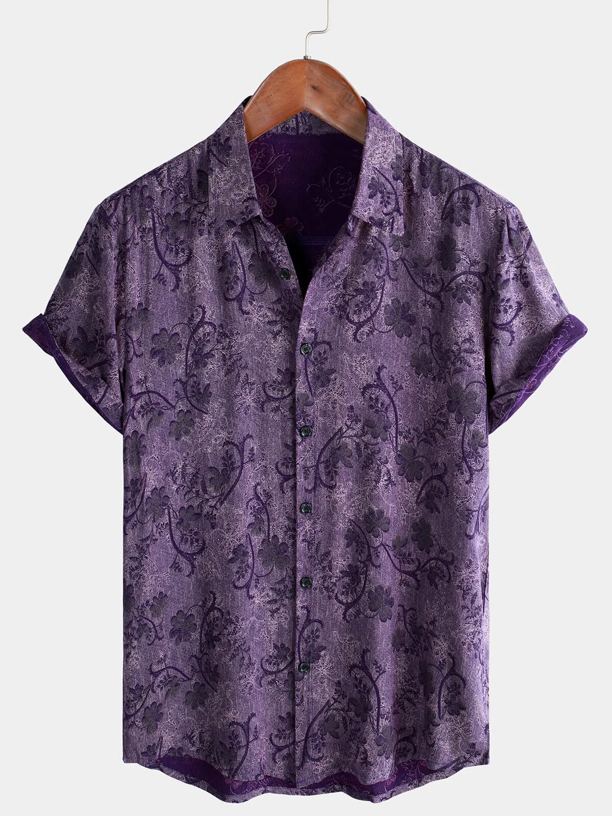 Men's Purple Vintage Holiday Breathable Hawaiian Botton Short Sleeve Shirt