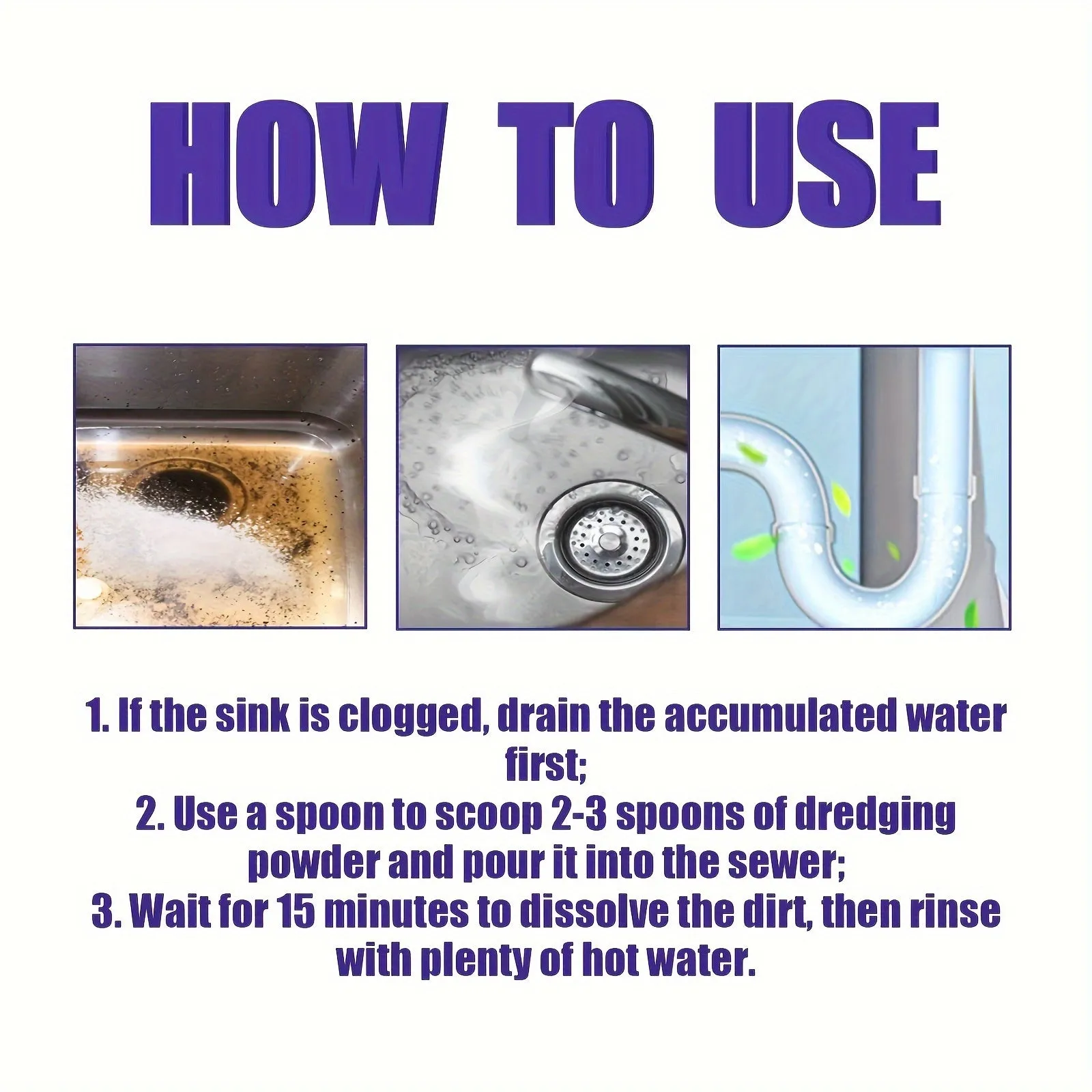 Multi-Purpose Kitchen Drain Unclog Powder - Dissolves Hair & Grease, Prevents Clogs - Easy Clean for Sinks and Pipes