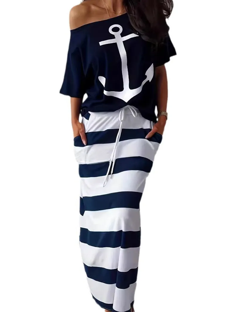 Nautical-Inspired Off-Shoulder Anchor Top and Striped Maxi Skirt Set