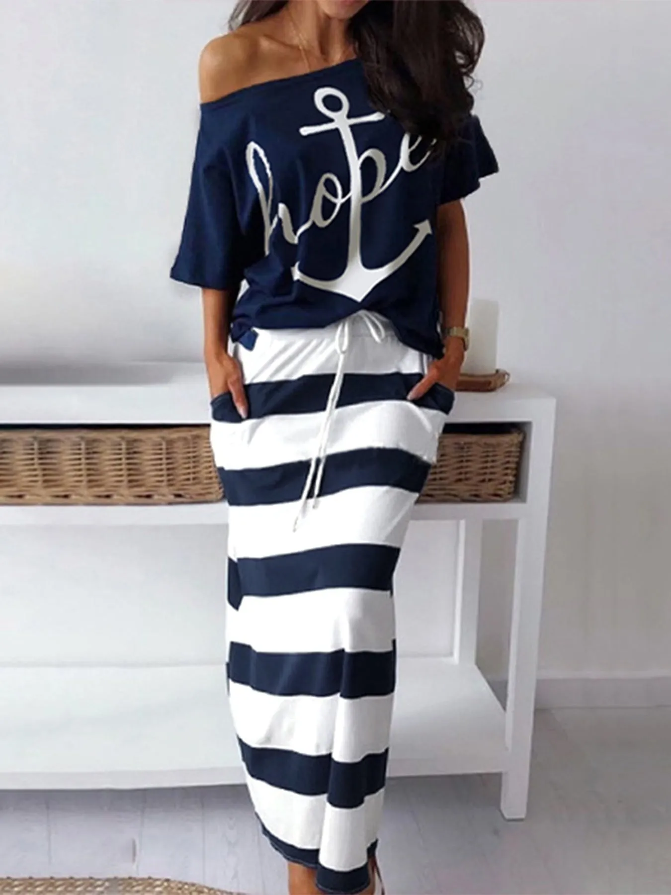Nautical-Inspired Off-Shoulder Anchor Top and Striped Maxi Skirt Set
