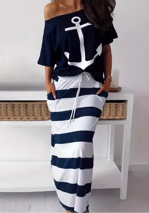 Nautical-Inspired Off-Shoulder Anchor Top and Striped Maxi Skirt Set