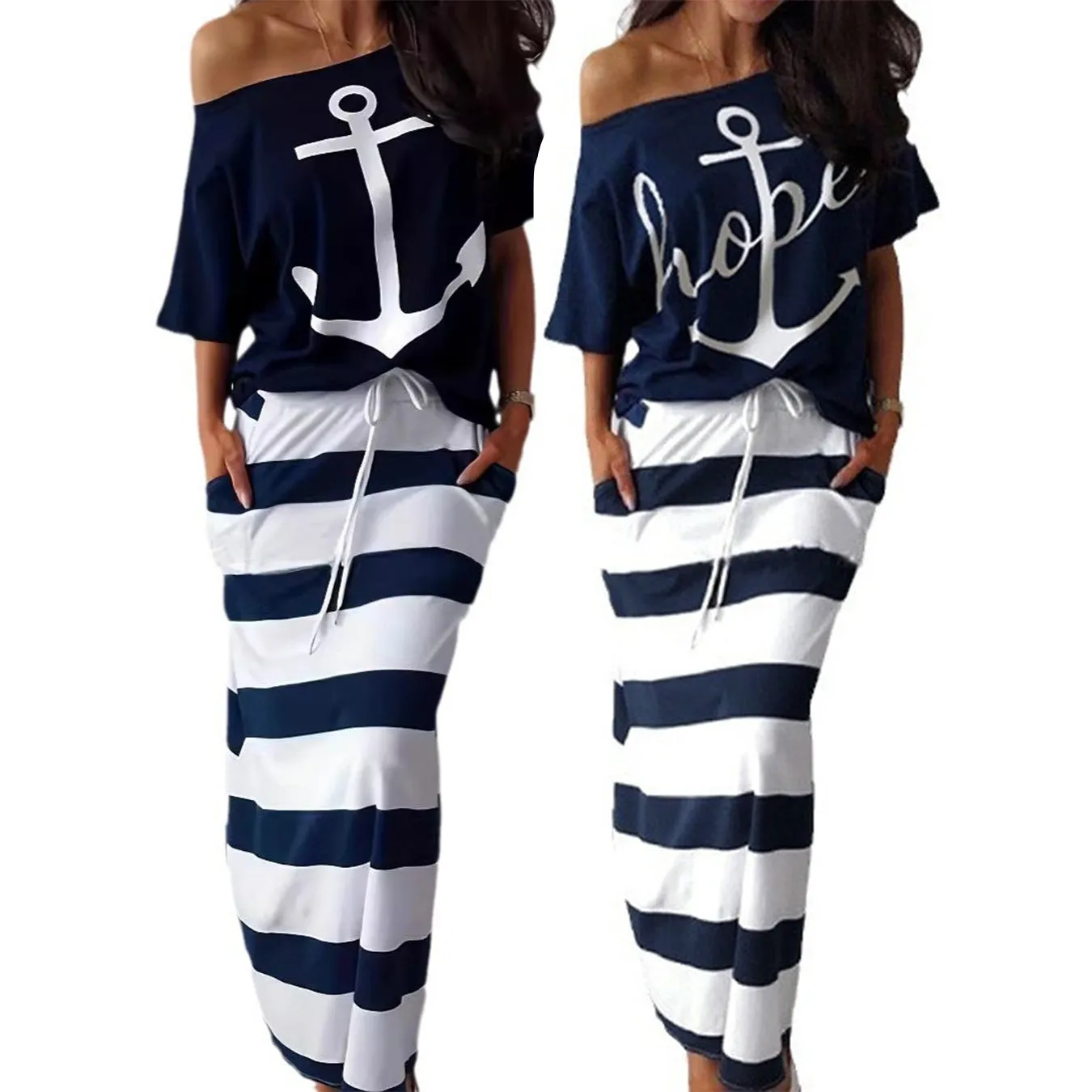 Nautical-Inspired Off-Shoulder Anchor Top and Striped Maxi Skirt Set