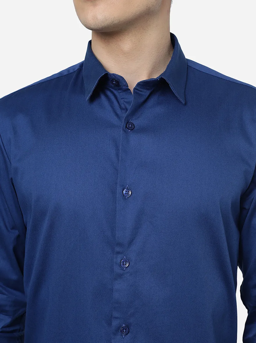 Navy Blue Solid Slim Fit Semi Casual Shirt | JadeBlue