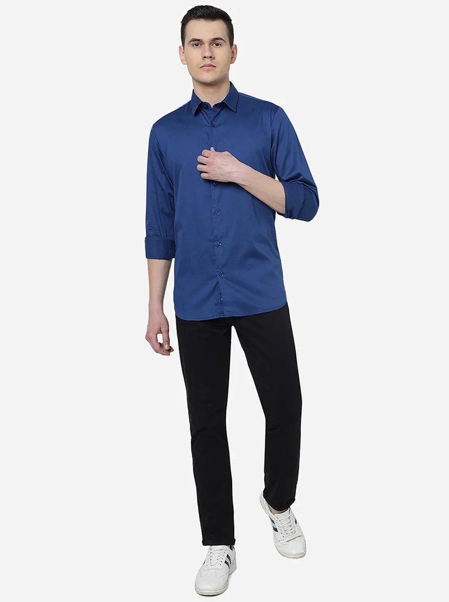 Navy Blue Solid Slim Fit Semi Casual Shirt | JadeBlue