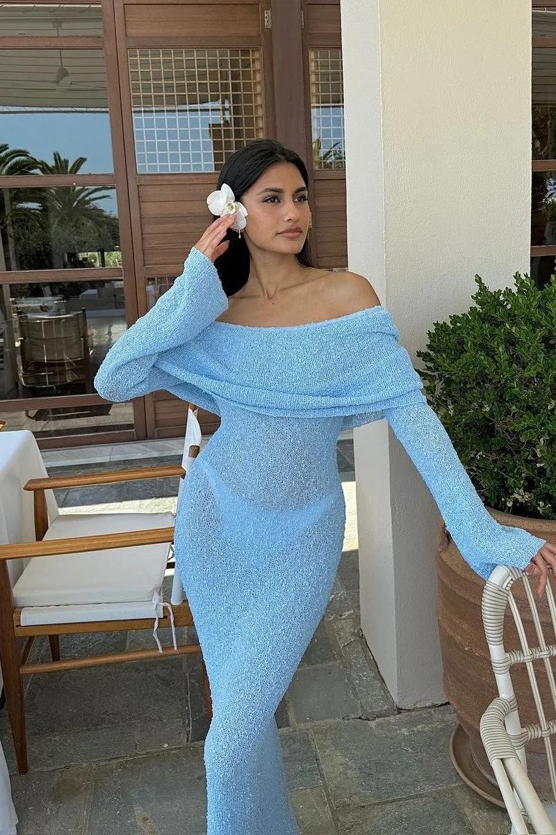 Off-Shoulder Knit Maxi Dress | Soft & Elegant | Sky Blue Chic