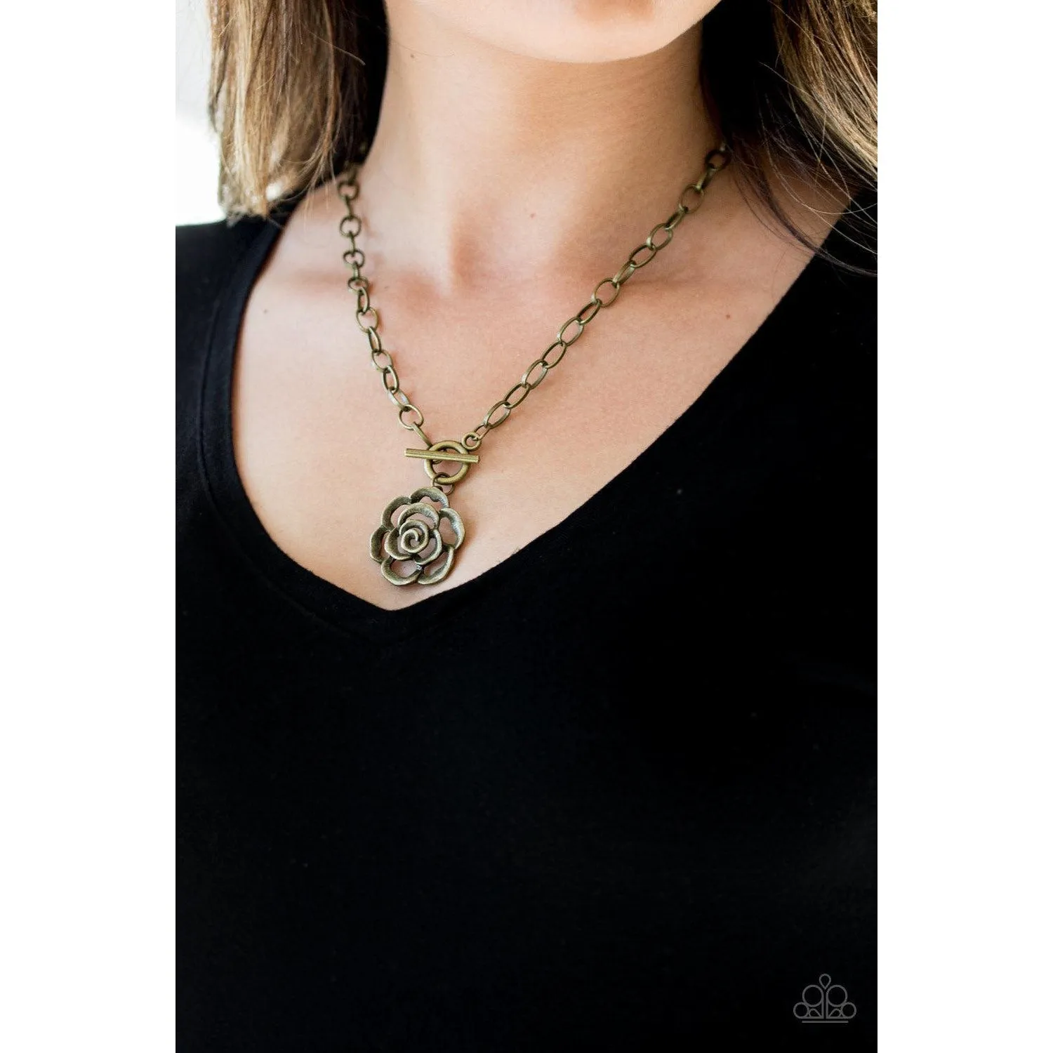 Paparazzi "Beautifully In Bloom - Brass" Rosebud Necklace & Earrings Set
