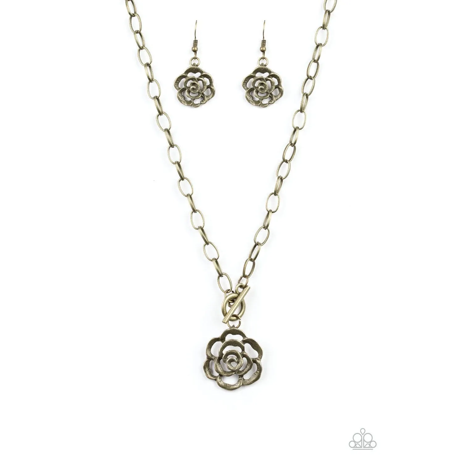 Paparazzi "Beautifully In Bloom - Brass" Rosebud Necklace & Earrings Set