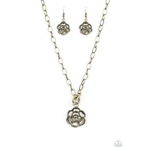 Paparazzi "Beautifully In Bloom - Brass" Rosebud Necklace & Earrings Set