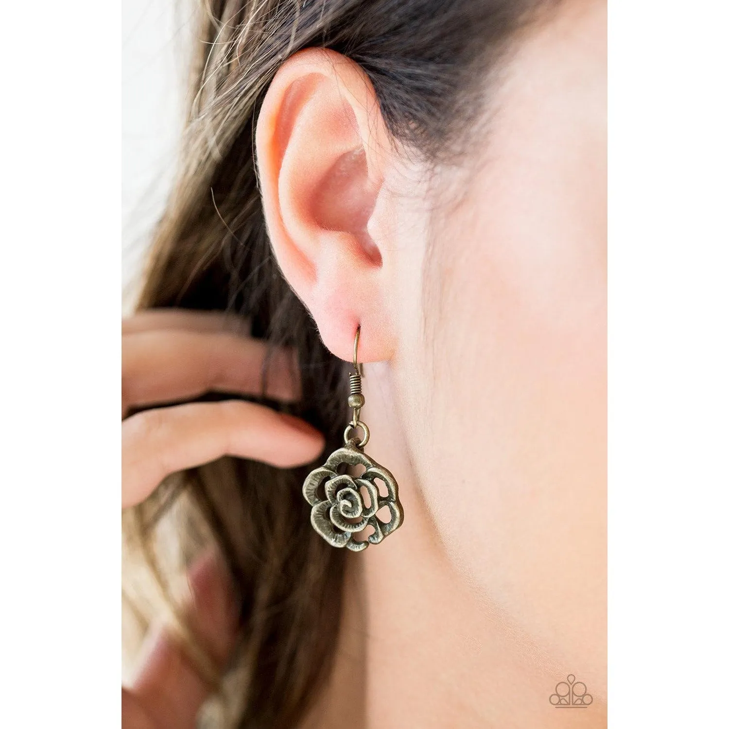 Paparazzi "Beautifully In Bloom - Brass" Rosebud Necklace & Earrings Set