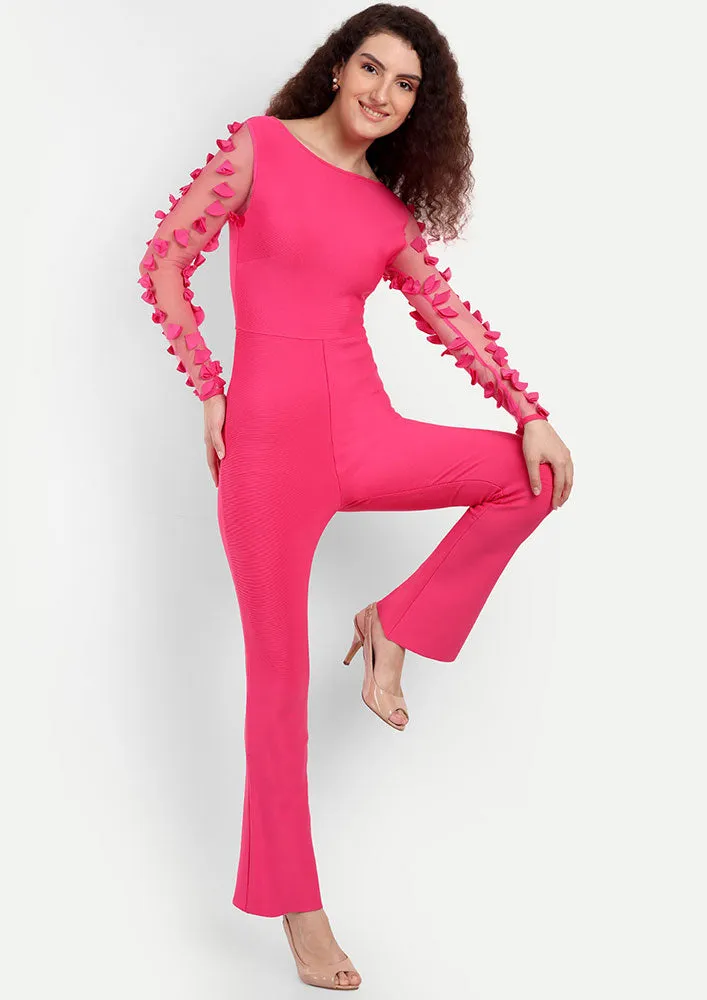 Pink High Waisted Jumpsuit With Net Full Sleeves