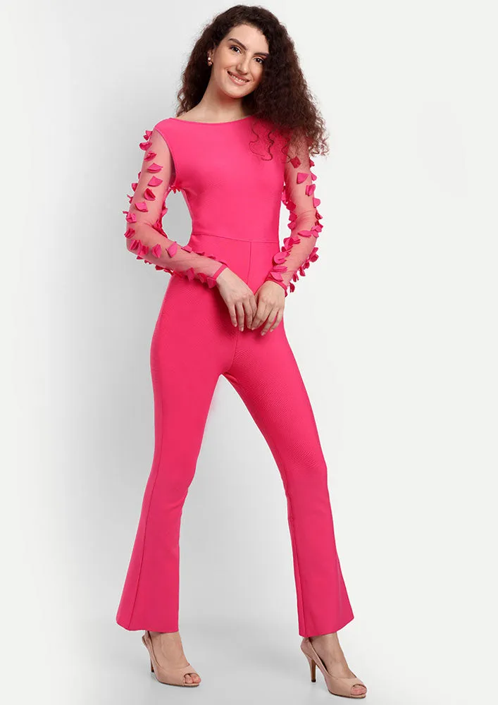 Pink High Waisted Jumpsuit With Net Full Sleeves