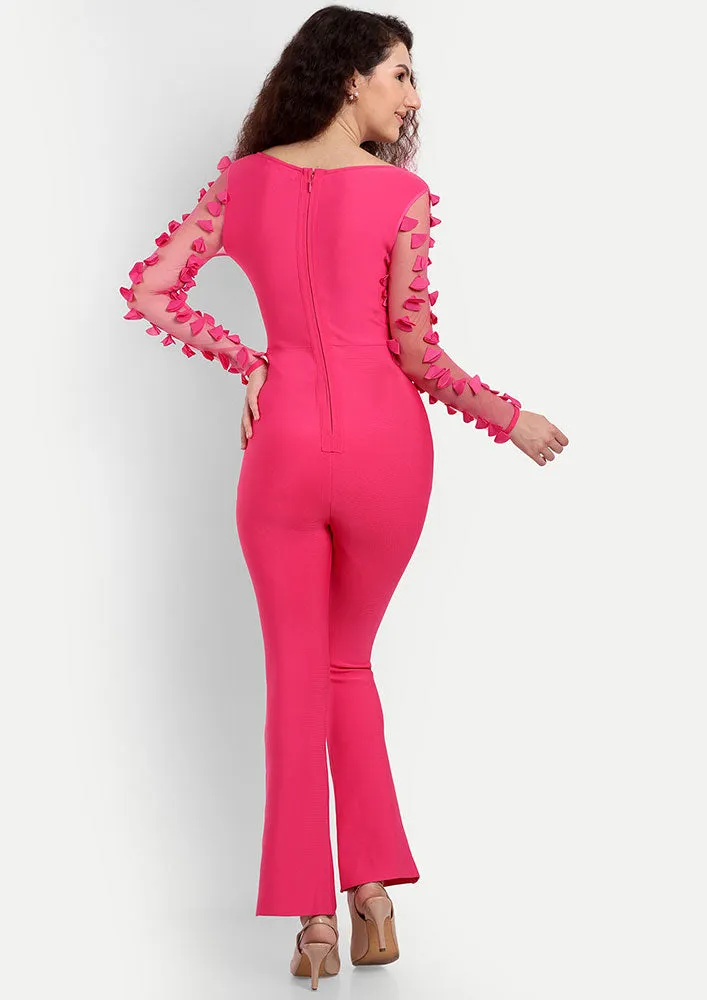 Pink High Waisted Jumpsuit With Net Full Sleeves