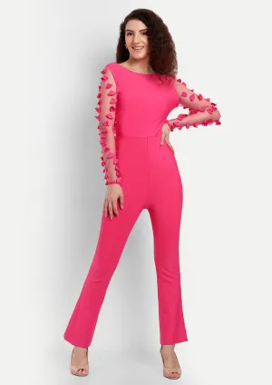 Pink High Waisted Jumpsuit With Net Full Sleeves