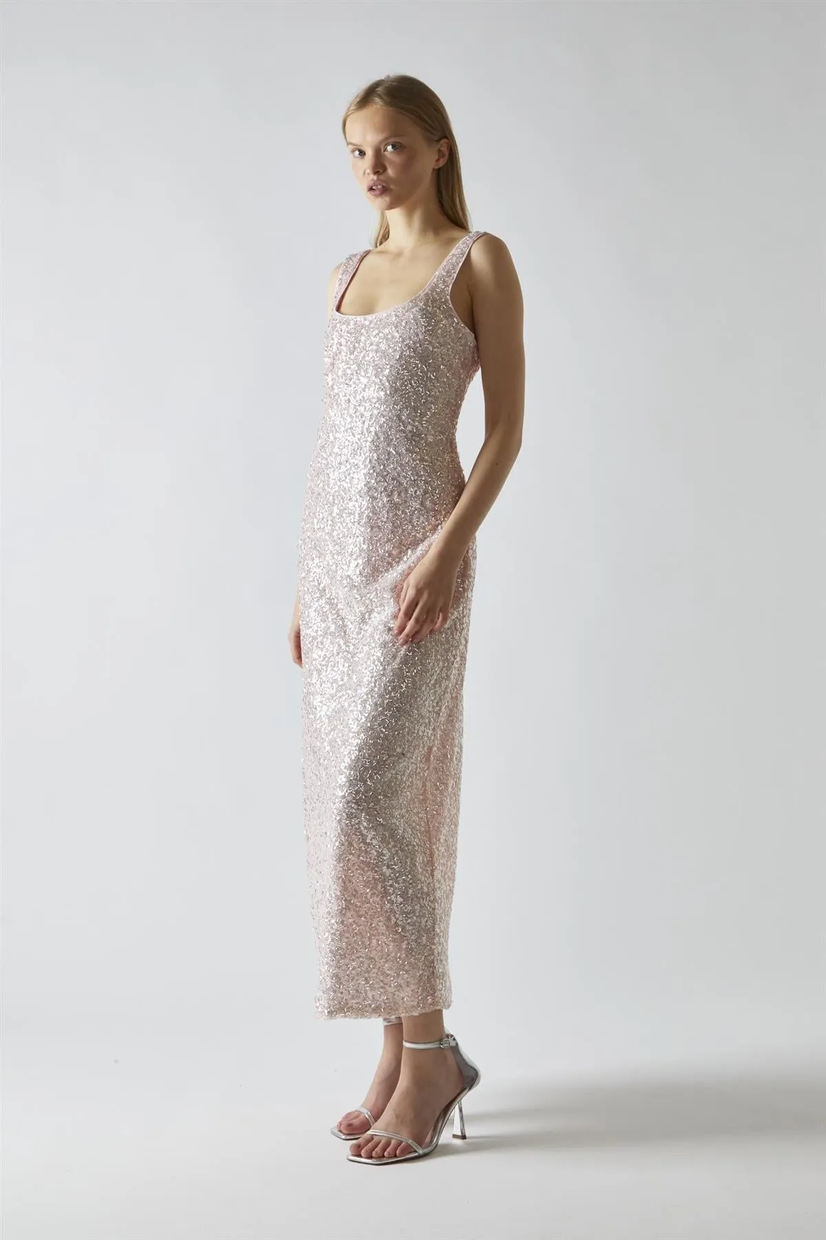 Pink-Silver Sequin Square-Neck Bias-Cut Midaxi-Dress