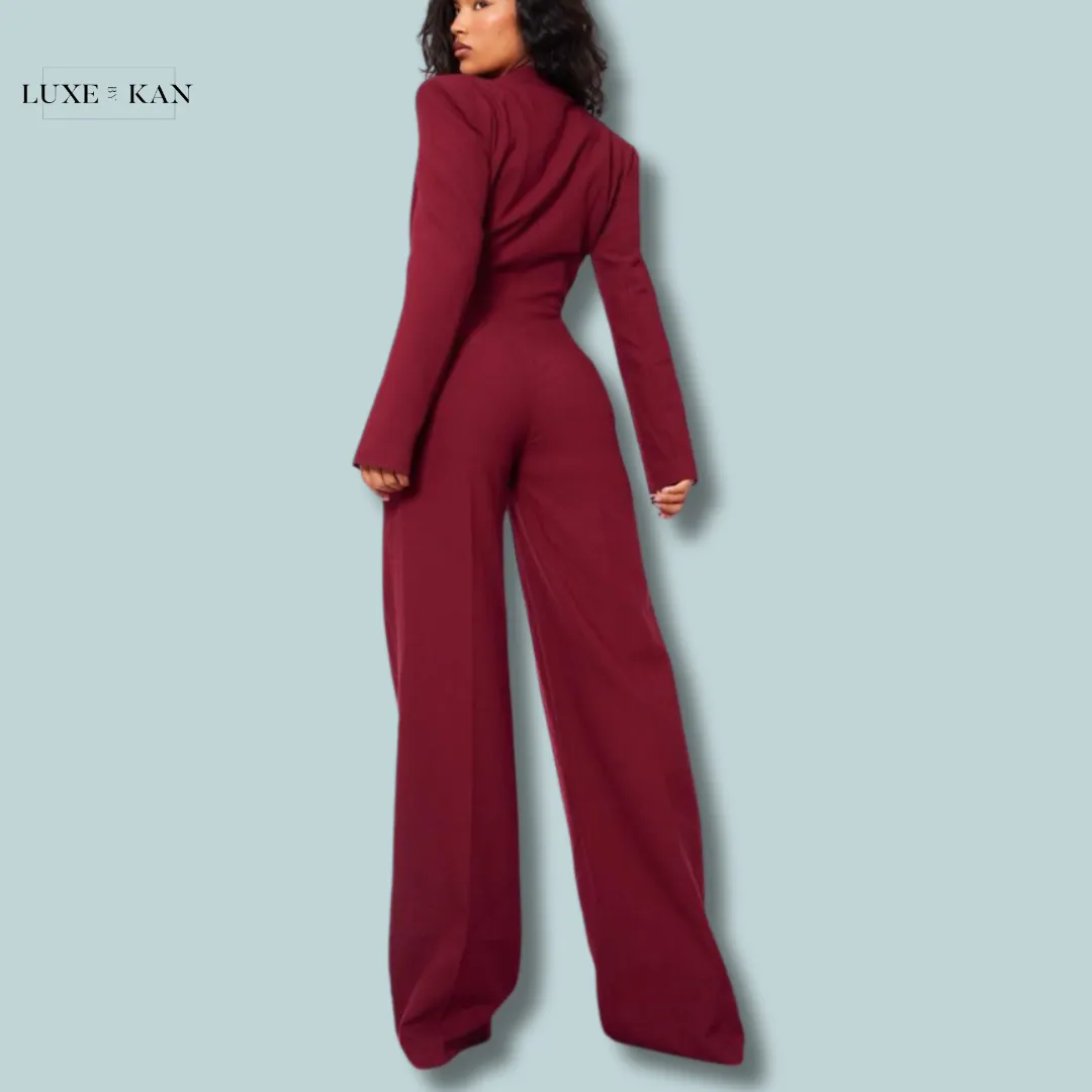PRETTYLITTLETHING Cherry Red Tailored Satin Lapel Straight Leg Jumpsuit