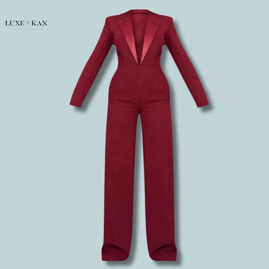 PRETTYLITTLETHING Cherry Red Tailored Satin Lapel Straight Leg Jumpsuit