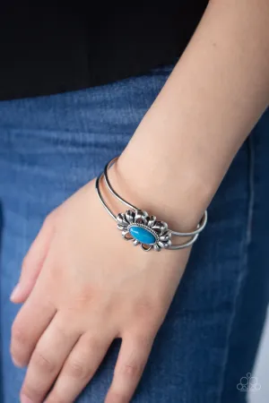 " Serene Succulent " Silver Metal & Floral Framed Blue Stone Hinged Bracelet