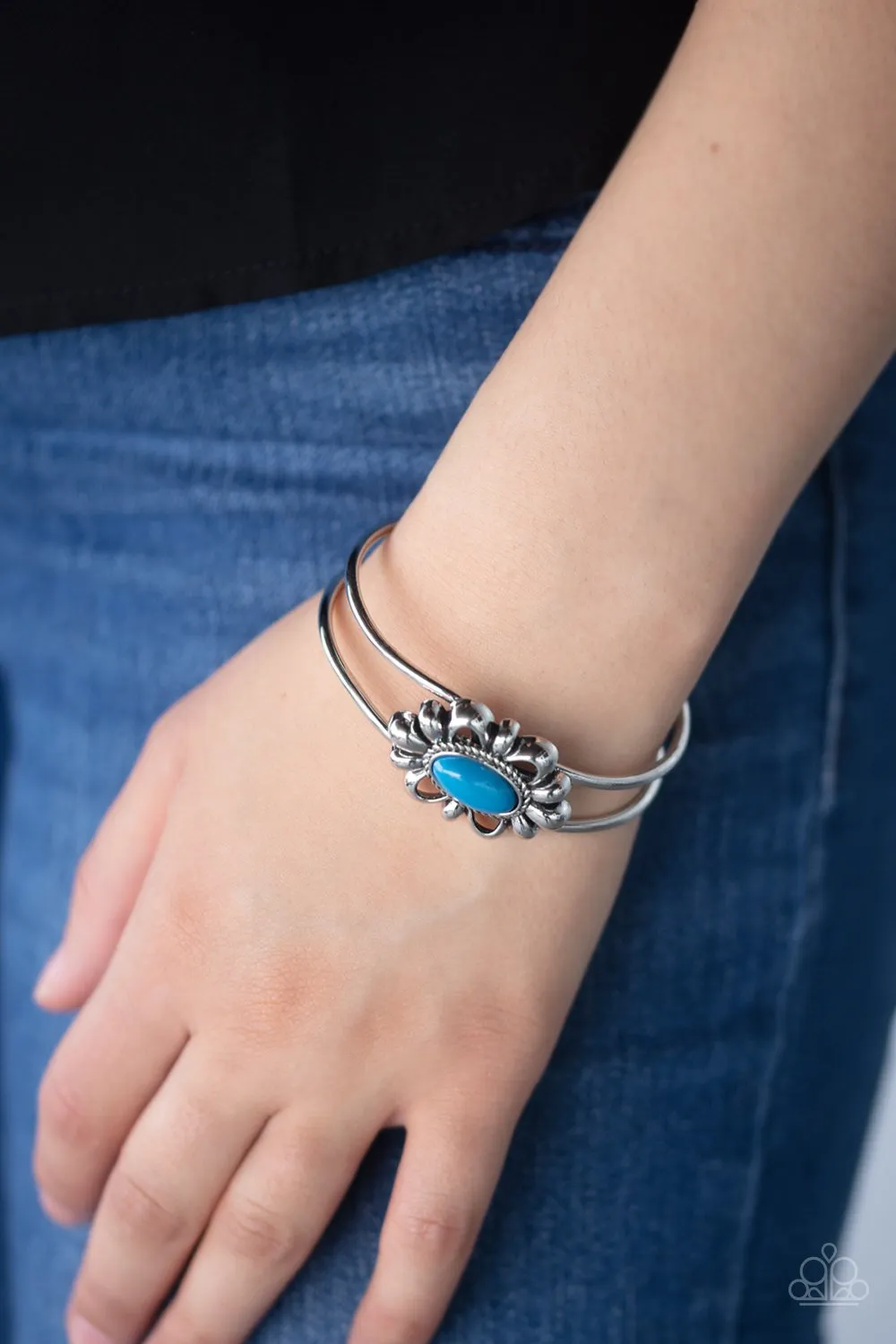 " Serene Succulent " Silver Metal & Floral Framed Blue Stone Hinged Bracelet