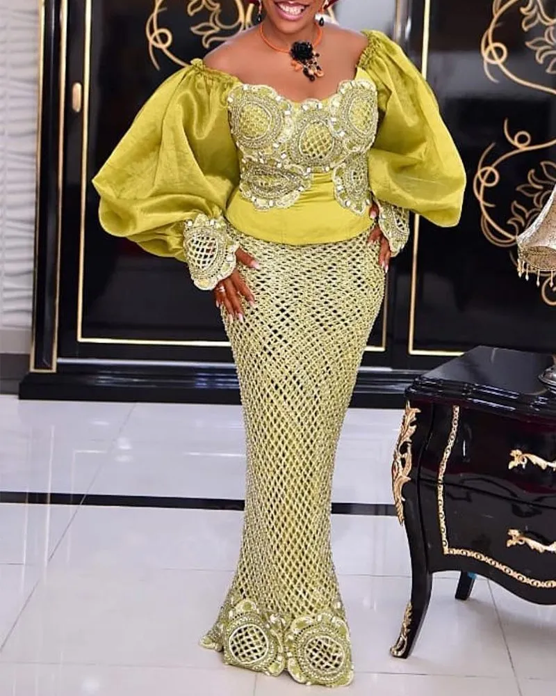 Radiant Off-Shoulder Yellow Dress with Lace Embroidered Puff Sleeves