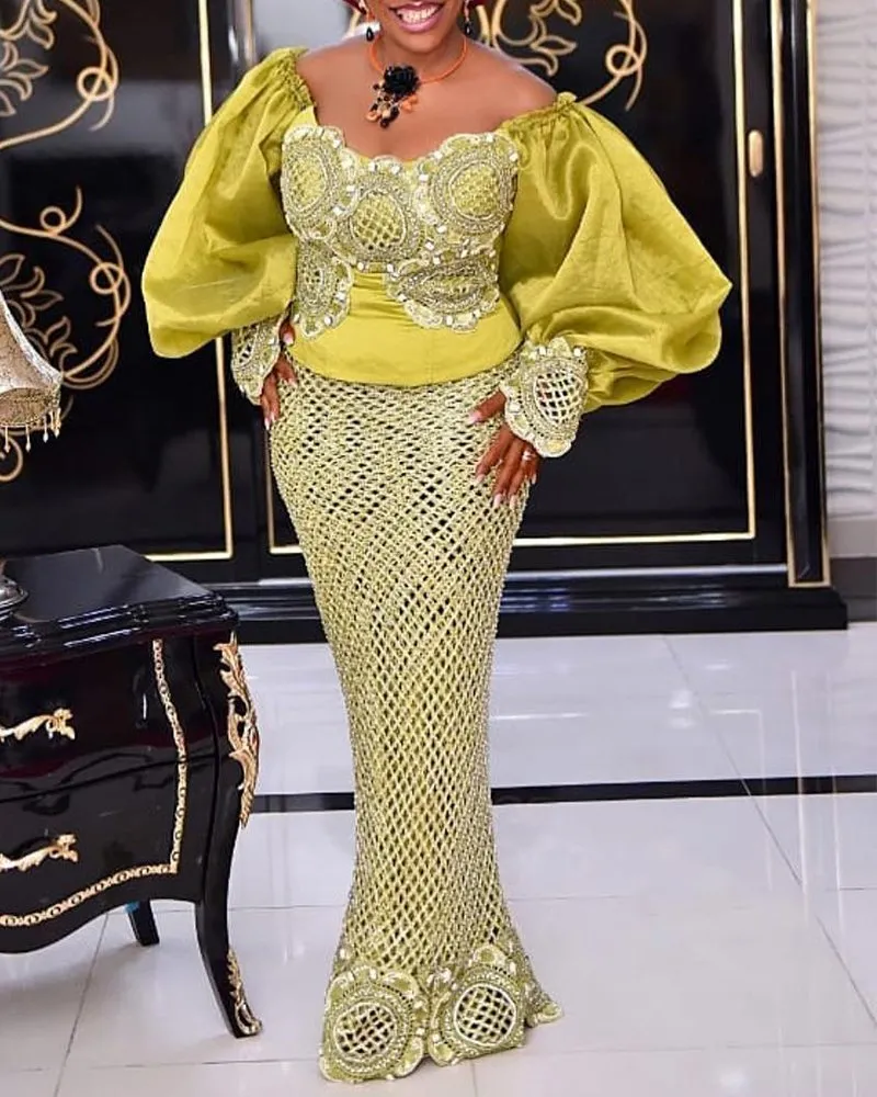 Radiant Off-Shoulder Yellow Dress with Lace Embroidered Puff Sleeves