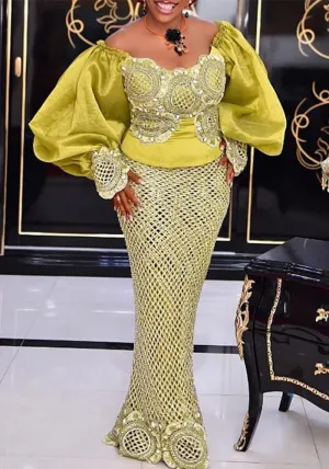 Radiant Off-Shoulder Yellow Dress with Lace Embroidered Puff Sleeves