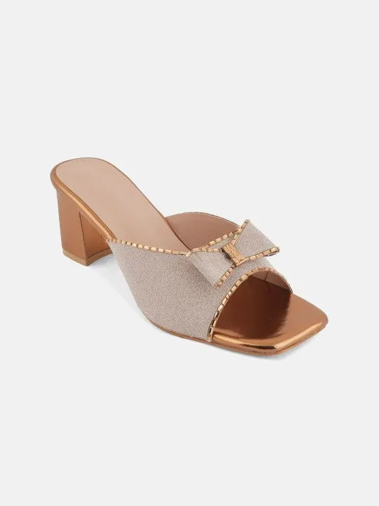 Rose Gold-Toned Embellished Open Toe Block Heels