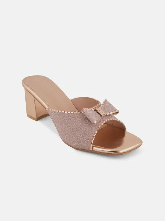 Rose Gold-Toned Embellished Open Toe Block Heels
