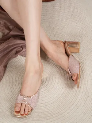 Rose Gold-Toned Embellished Open Toe Block Heels