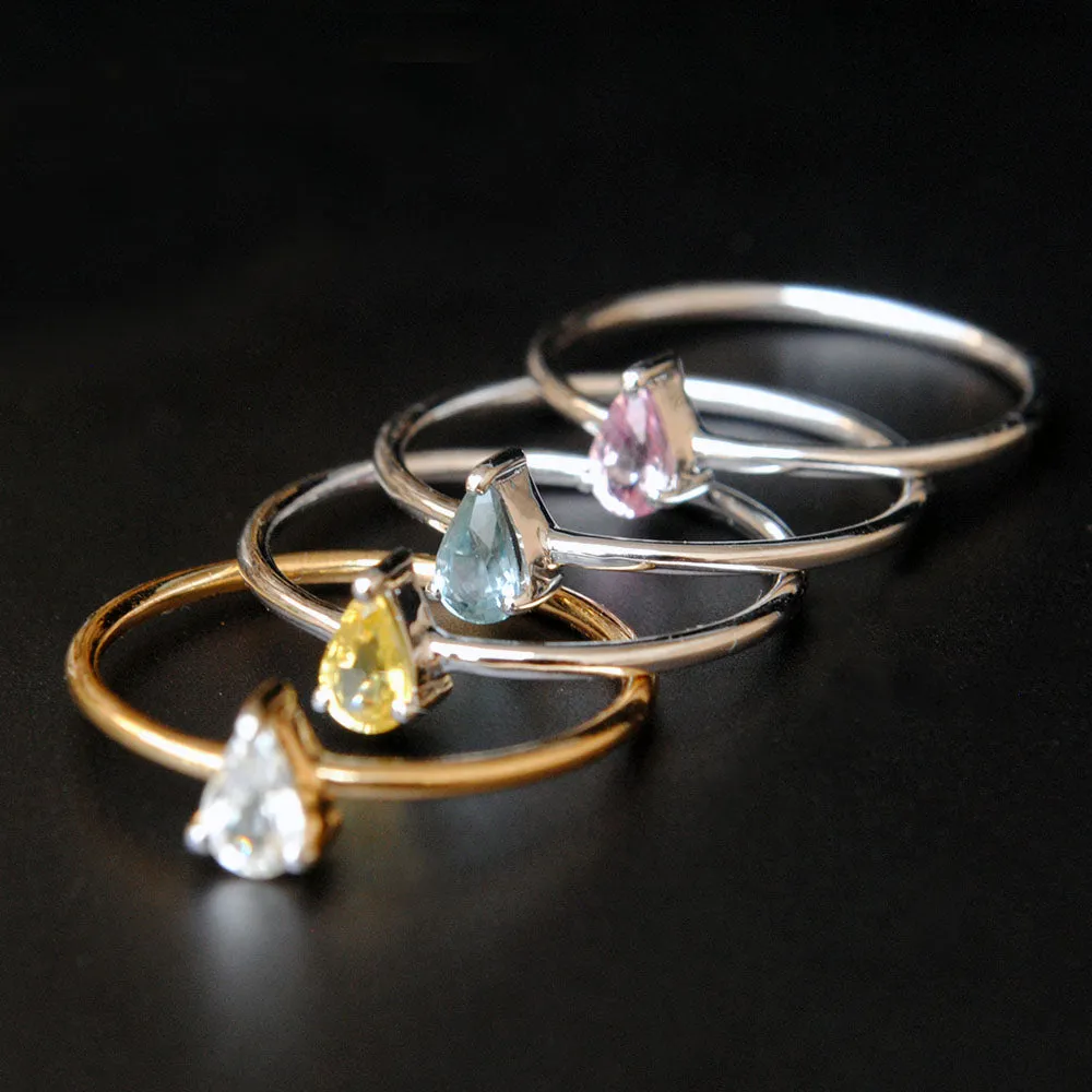 SALE Dainty Multi Colored Pear Sapphire Ring in 14K Gold, Simple Pink, Yellow, White Sapphire Ring
