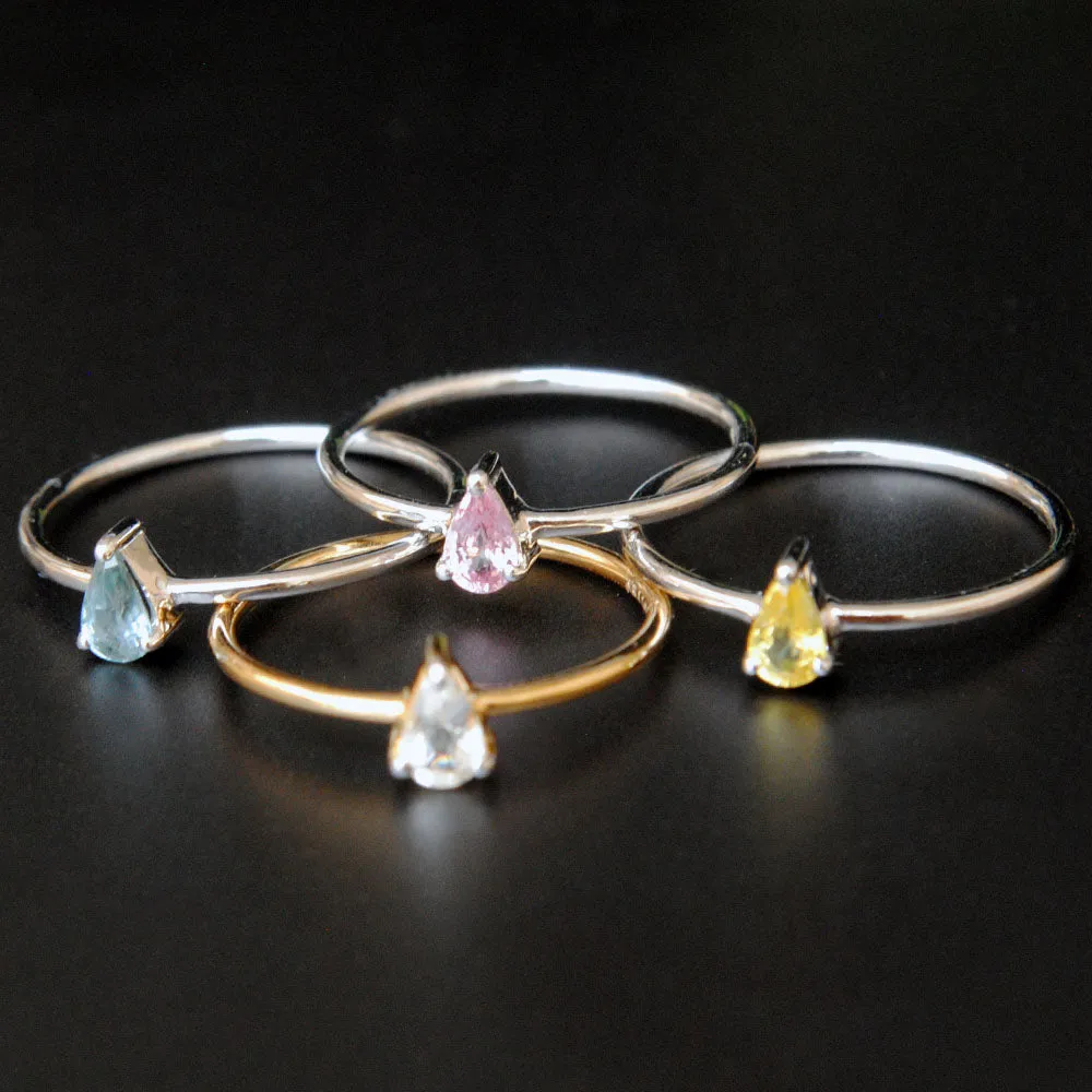SALE Dainty Multi Colored Pear Sapphire Ring in 14K Gold, Simple Pink, Yellow, White Sapphire Ring