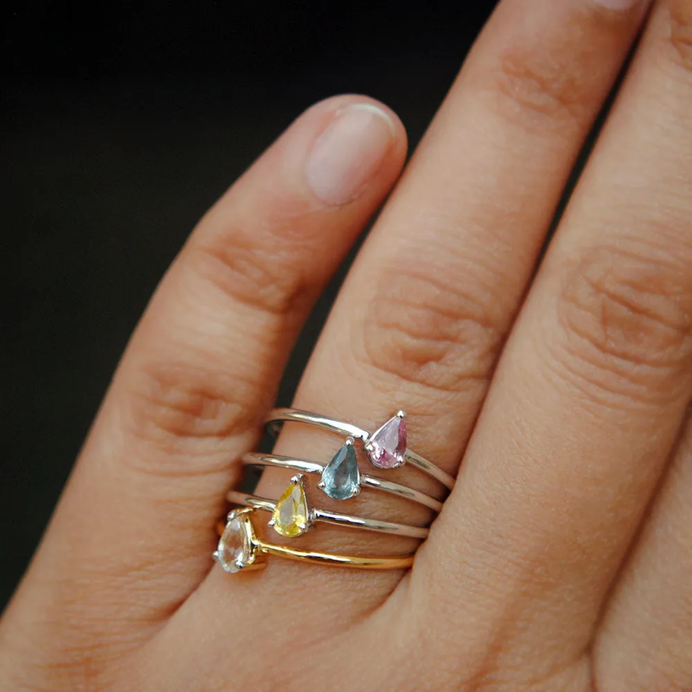 SALE Dainty Multi Colored Pear Sapphire Ring in 14K Gold, Simple Pink, Yellow, White Sapphire Ring