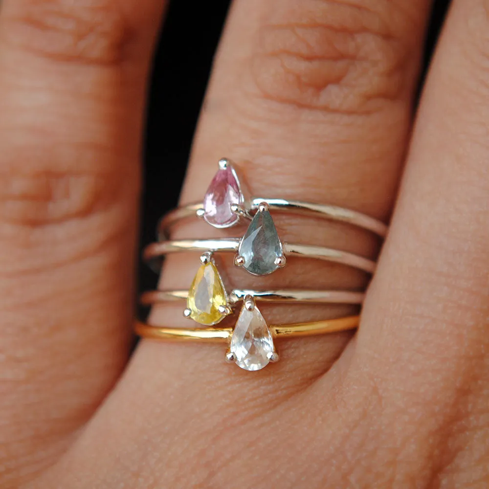 SALE Dainty Multi Colored Pear Sapphire Ring in 14K Gold, Simple Pink, Yellow, White Sapphire Ring
