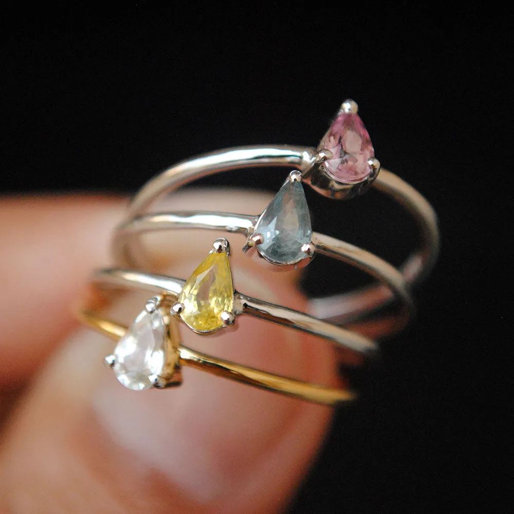 SALE Dainty Multi Colored Pear Sapphire Ring in 14K Gold, Simple Pink, Yellow, White Sapphire Ring