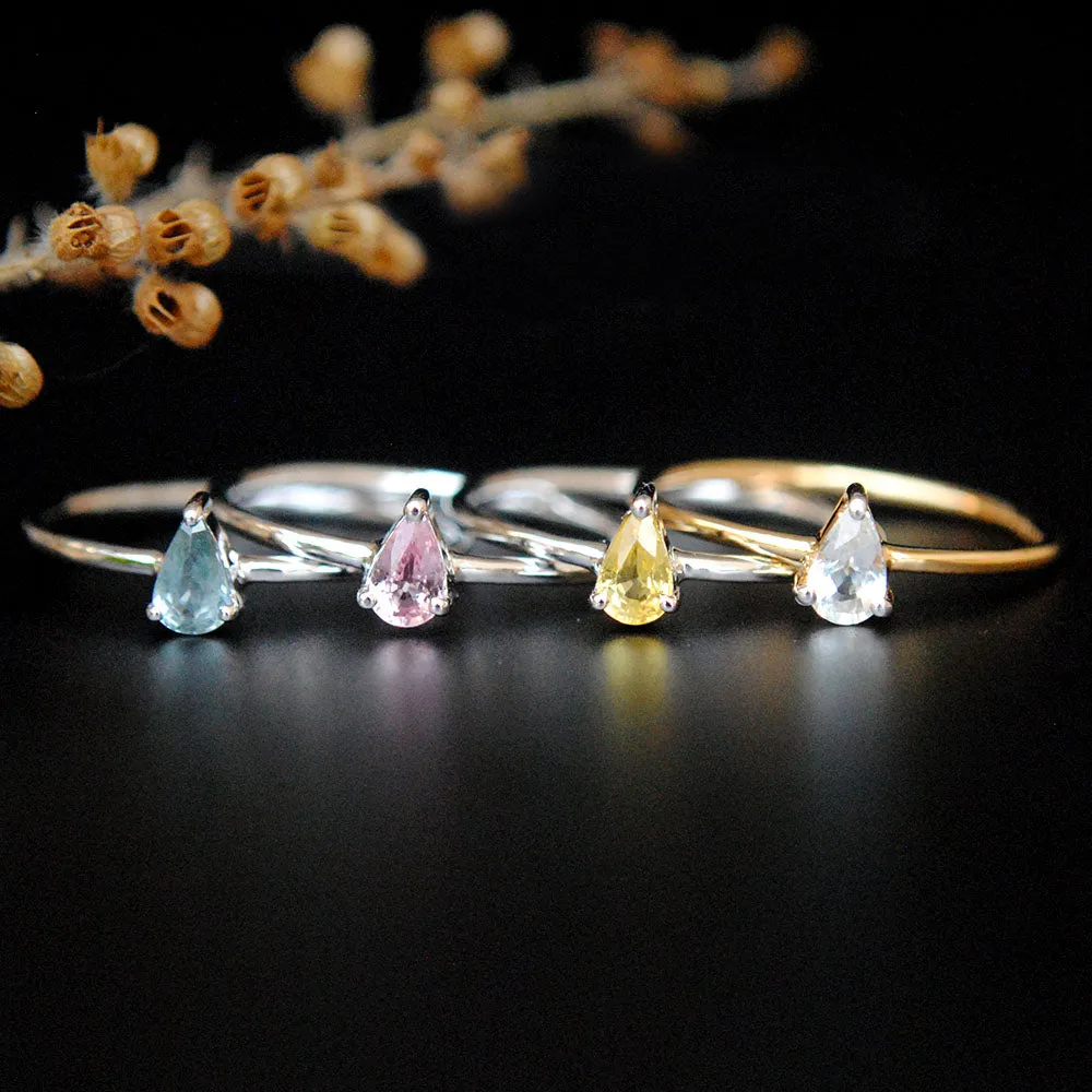 SALE Dainty Multi Colored Pear Sapphire Ring in 14K Gold, Simple Pink, Yellow, White Sapphire Ring