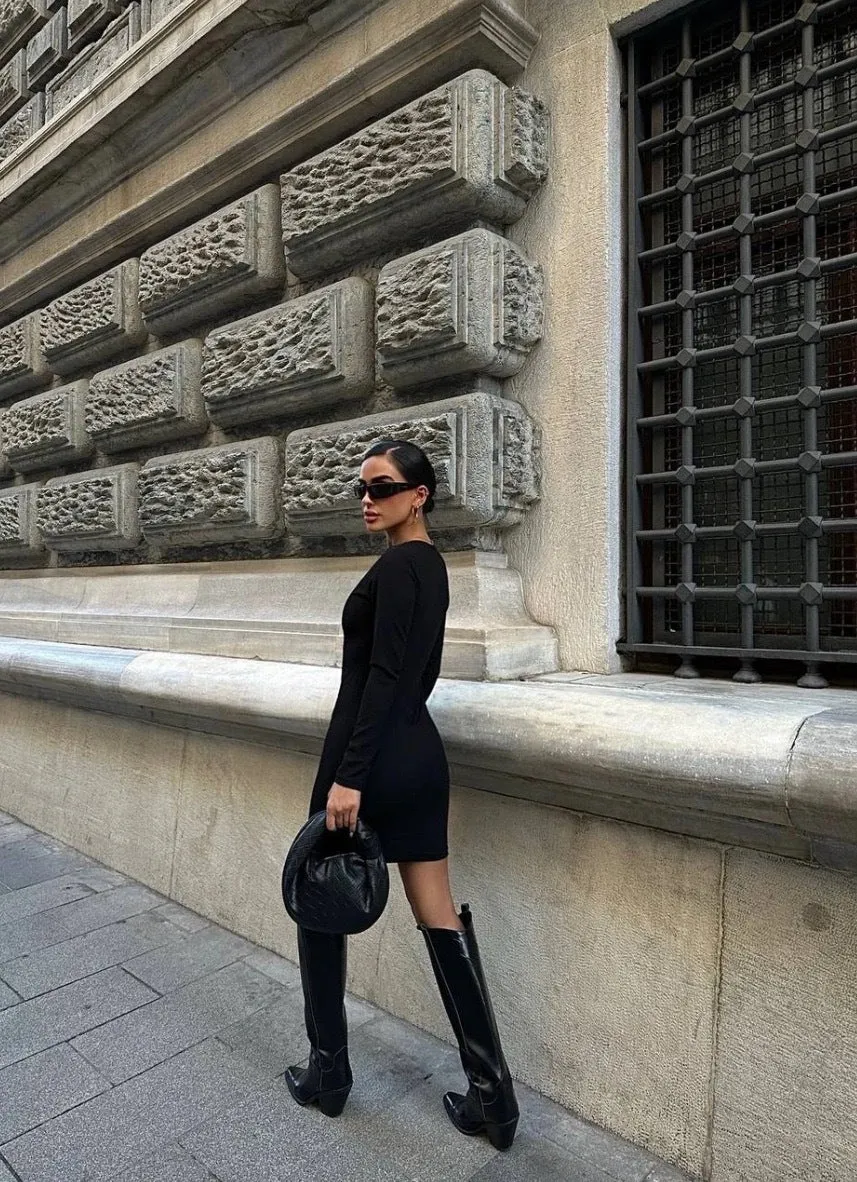 Seductive Hollow Round Neck Long Sleeve Bodycon Dress