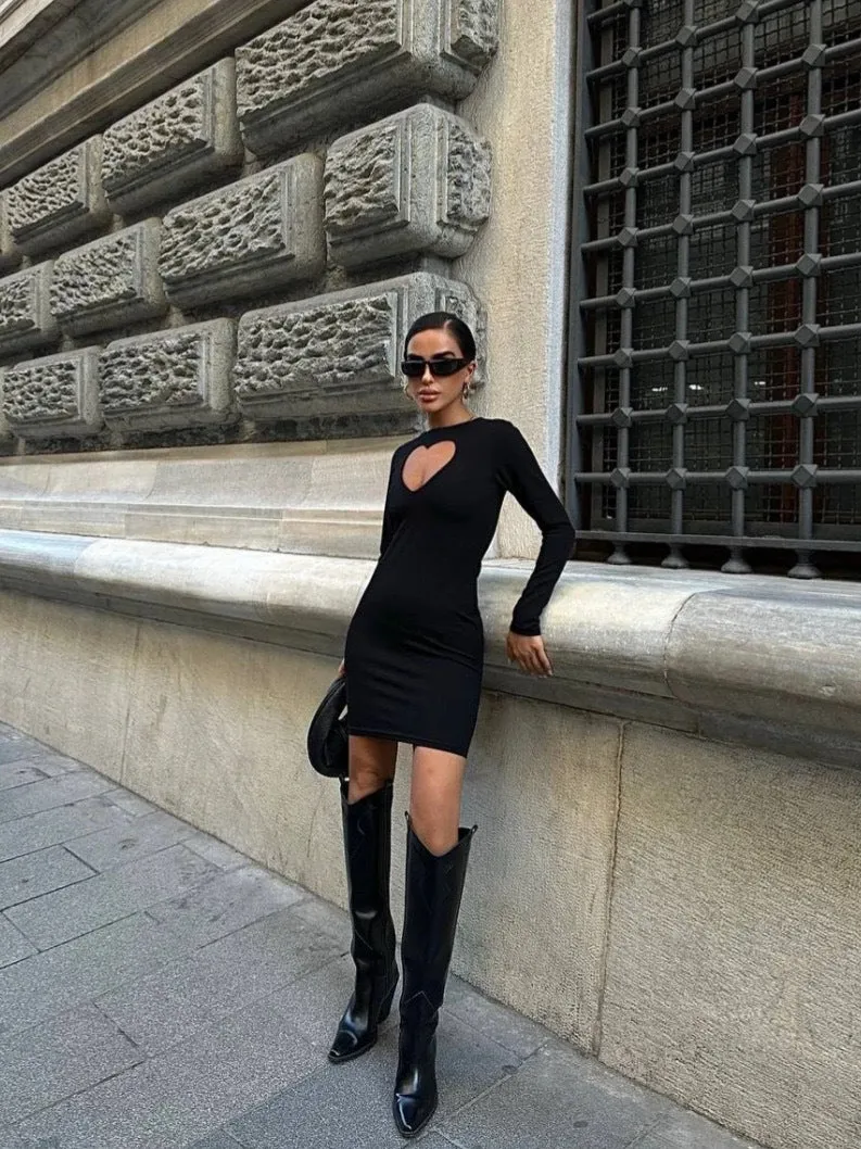 Seductive Hollow Round Neck Long Sleeve Bodycon Dress
