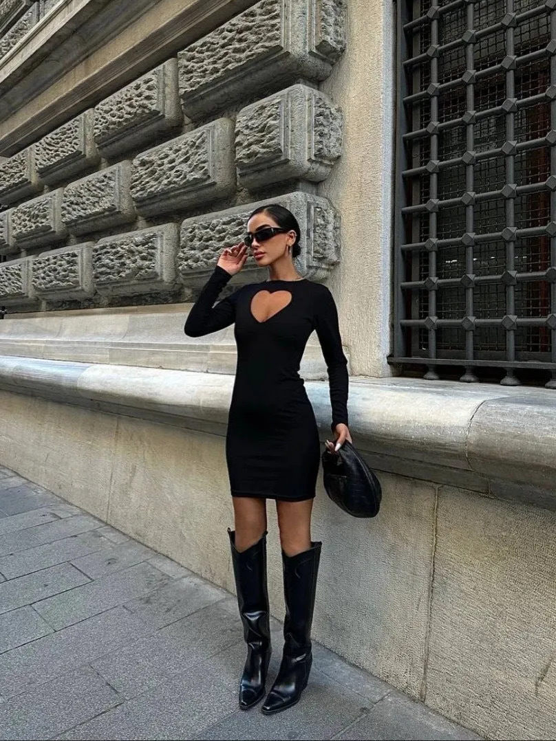 Seductive Hollow Round Neck Long Sleeve Bodycon Dress