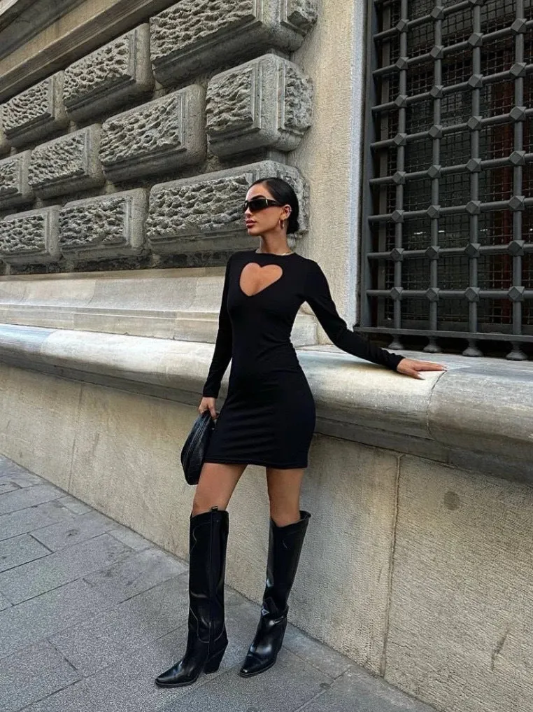 Seductive Hollow Round Neck Long Sleeve Bodycon Dress