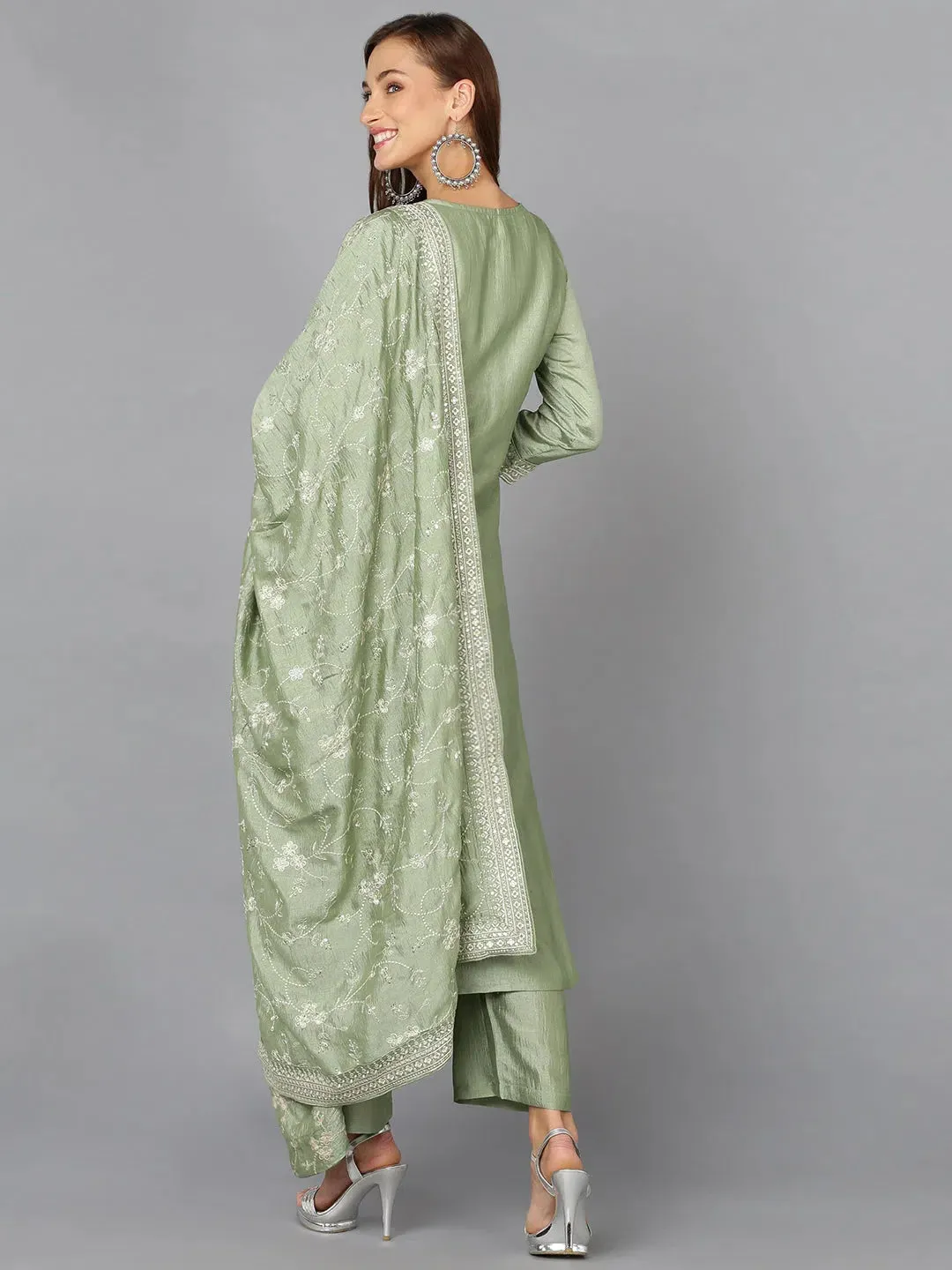 Silk Blend Sage Green Embroidered Party wear