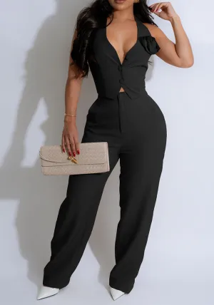 Sophisticated Halter Vest and High-Waisted Pants Office Ensemble