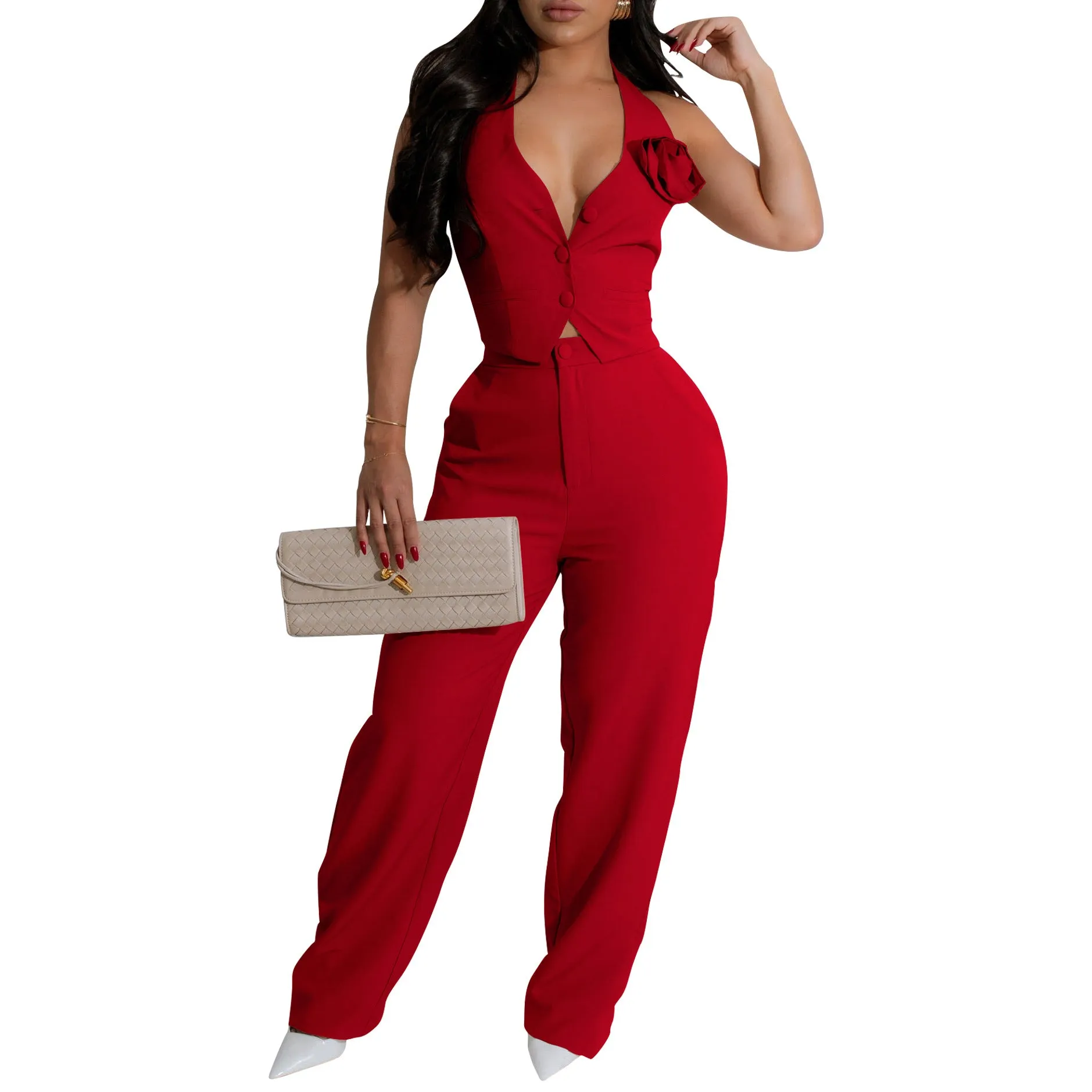 Sophisticated Halter Vest and High-Waisted Pants Office Ensemble